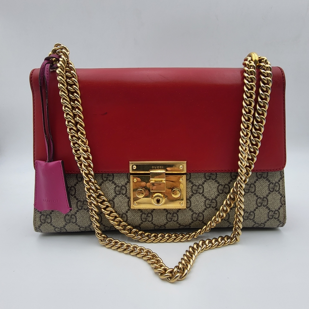 GUCCI GG Supreme Monogram Calfskin Medium Padlock Bag Beige Hibiscus Red,,,,,